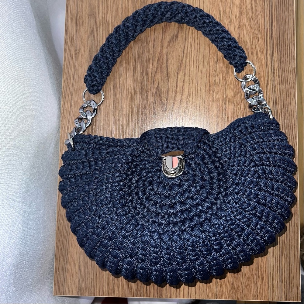 Navy Blue Crochet Oreo Shoulder Bag with Chain Detail - Picture 3 of 8